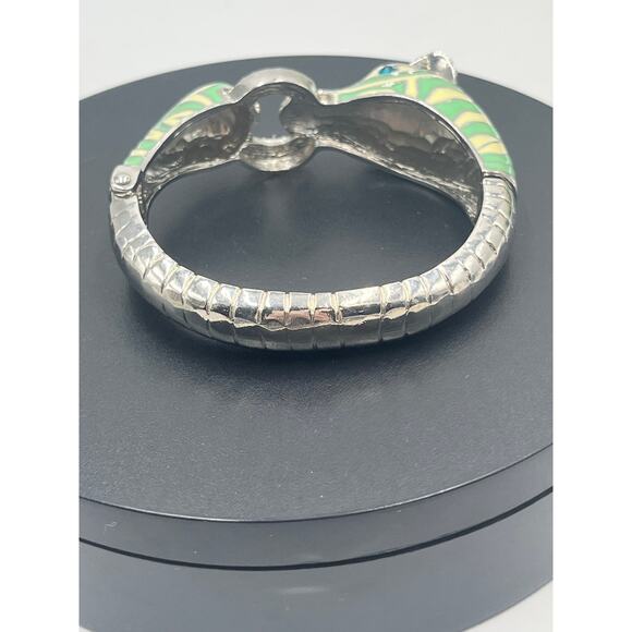 Mint and Cream Zebra with Stripes Hinged Rhinestone Blue Eyes Bangle Bracelet - Picture 7 of 12